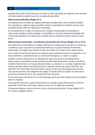 14 

Guía Rápida de las Reglas de Golf 

impedimento suelto y esto hace que se mueva su bola, ésta debe ser repuesta y Ud. (excepto
si la bola estaba en green) incurre en un golpe de penalidad.
Obstrucciones Movibles (Regla 24-1)
Las obstrucciones movibles (Ej. objetos artificiales movibles tales como rastrillos, botellas,
etc.) situadas en cualquier lugar se pueden mover sin penalidad. Si la bola se mueve como
resultado de ello, debe ser repuesta sin penalidad.
Si una bola está en o sobre una obstrucción movible, la bola puede ser levantada, la
obstrucción quitada y la bola dropada, sin penalidad, en el punto directamente debajo del
cual la bola reposaba en la obstrucción, excepto que en el green la bola se coloca en este
punto.
Obstrucciones Inamovibles y Condiciones Anormales del Terreno (Reglas 24-2 y 25-1)
Una obstrucción inamovible es un objeto artificial en el campo que no puede ser movido (ej.
un edificio) o que no puede ser movido fácilmente (ej. un poste indicador firmemente
empotrado). Los objetos que definen el fuera de límites no se tratan como obstrucciones.
Una condición anormal del terreno es cualquier agua accidental, terreno en reparación, o un
hoyo, deshecho o senda hecho por un animal de madriguera, un reptil o un pájaro.
Excepto cuando la bola está en un obstáculo de agua, hay alivio sin penalidad de las
obstrucciones inamovibles y de las condiciones anormales del terreno cuando la condición
interfiera físicamente con el reposo (lie) de la bola, su colocación o su swing. Puede levantar
la bola y droparla dentro de la distancia de un palo del “punto más cercano de alivio” (ver
definición de “Punto Más Cercano de Alivio”), pero no más cerca del agujero que el punto
más cercano de alivio (Ver diagrama más abajo). Si la bola está en el green se coloca en el
punto más cercano de alivio, que puede estar fuera de green.
No hay alivio por intervención en su línea de juego salvo que tanto la bola como la condición
estén en el green.
Como opción adicional, cuando la bola está en un bunker, puede aliviarse de la condición
dropando la bola fuera del bunker, detrás de éste, con un golpe de penalidad.
El siguiente diagrama ilustra el término “punto más cercano de alivio” de las Reglas 24-2 y
25-1 para un jugador diestro.

 