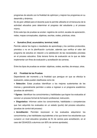 programas de estudio con la finalidad de optimizar y mejorar los programas en su 
desarrollo y dinámica. 
Es de gran utilidad para el docente pues le permite utilizarla en el transcurso de la 
actividad educativa para determinar el progreso del estudiante y el proceso 
mismo. 
Entre este tipo de pruebas se anotan: registros de control, escalas de apreciación, 
redes, mapas conceptuales, objetivas, escritas, orales, prácticas, otras. 
· Sumativa (final, acumulativa, terminal, total) 
Permite valorar los logros o resultados de aprendizaje y los cambios producidos, 
previstos o no en la planificación curricular, además que verifica el valor del 
programa de estudios en relación a la satisfacción de las necesidades previstas 
en el proceso educativo. Esta tercera forma de evaluación es la que se debe 
implementar con fines de evaluación y acreditación de carreras. 
Entre los tipos de pruebas se anotan: objetivas, orales, escritas, de ensayo, otras. 
4.5. Finalidad de las Pruebas 
Dependiendo del momento y la finalidad que persigue en que se efectúa la 
evaluación, estas pueden clasificarse como de: 
· Selección: Estas pruebas iidentifican a los mejores sustentantes de las 
mismas y generalmente permiten a estos a ingresar a un programa académico 
(pruebas de admisión) 
• Egreso: Identifican los conocimientos y habilidades que logran los evaluados al 
concluir un proceso formal de formación profesional, instrucción. 
· Diagnóstico: Informan sobre los conocimientos, habilidades o competencias 
que han adquirido los evaluados en un estado (punto) del proceso educativo. 
(pruebas de control del proceso) 
· Acreditación: Permiten reconocen si los evaluados adquirieron los 
conocimientos y las habilidades equivalentes a los que tienen los estudiantes que 
cursaron un nivel educativo (pruebas de fin de carrera para acreditación, en el 
caso del CEAACES a alumnos con 80% de carrera aprobada). 
10 
 