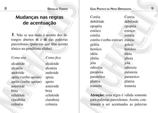 8                           douGlas tuFaNo   Guia Prático da NoVa ortoGraFia          9

      Mudanças nas regras                    Coréia                    Coreia
                                             debilóide                 debiloide
        de acentuação
                                             epopéia                   epopeia
                                             estóico                   estoico
    1. Não se usa mais o acento dos di-      estréia                   estreia
    tongos abertos éi e ói das palavras      estréio (verbo estrear)   estreio
    paroxítonas (palavras que têm acento     geléia                    geleia
    tônico na penúltima sílaba).             heróico                   heroico
                                             idéia                     ideia
    Como era               Como fica         jibóia                    jiboia
    alcalóide              alcaloide         jóia                      joia
    alcatéia               alcateia          odisséia                  odisseia
    andróide               androide          paranóia                  paranoia
    apóia (verbo apoiar)   apoia             paranóico                 paranoico
    apóio (verbo apoiar)   apoio             platéia                   plateia
    asteróide              asteroide         tramóia                   tramoia
    bóia                   boia
    celulóide              celuloide         Atenção: essa regra é válida somente
    clarabóia              claraboia         para palavras paroxítonas. Assim, con-
    colméia                colmeia           tinuam a ser acentuadas as palavras
 