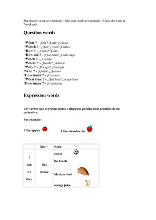 She doesn’t work at weekends > She does work at weekends > Does she work at
?weekends

Question words

 ?What ? - ¿Qué? ¿Cuál? ¿Cuáles
 ?Which ? - ¿Qué? ¿Cuál? ¿Cuáles
 ?How ? - ¿Cómo? ¿Cuán
 ?How old ? - ¿Qué edad? ¿Cuán viejo
 ?When ? - ¿Cuándo
 ?Where ? - ¿Dónde? ¿Adónde
 ?Why ? - ¿Por qué? ¿Para qué
?Who ? - ¿Quién? ¿Quienes
?How much ? - ¿Cuánto/a
 ?What time ? - ¿Qué hora? ¿A qué hora
?How many ? - ¿Cuántos/as


Expression words

Los verbos que expresan gustos o disgustos pueden estar seguidos de un
sustantivo.

For example:


I like apples                I like strawberries



                like +   Noun

                         soccer
   I
                         the beach
  you            like

  we        dislike
                         Mexican food
  they
                         orange juice
 