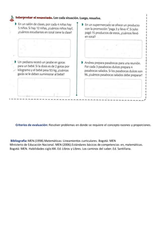 Criterios de evaluación: Resolver problemas en donde se requiere el concepto razones y proporciones.
Bibliografía: MEN.(1998).Matemáticas: Lineamientos curriculares. Bogotá: MEN
Ministerio de Educación Nacional. MEN (2006).Estándares básicos de competencias en, matemáticas.
Bogotá: MEN. Habilidades siglo XXI. Ed. Libros y Libres. Los caminos del saber. Ed. Santillana.
 