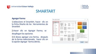 SMARTART
Agregar Forma
1.Seleccione el SmartArt, hacer clic en
la Ficha Diseño de las Herramientas de
SmartArt
2.Hacer clic en Agregar Forma, se
despliegan las opciones
3.Si desea agregar una forma, después
de la forma seleccionada, hacer clic en
la opción Agregar forma detrás.
 