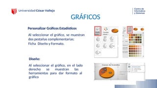 GRÁFICOS
Personalizar Gráficos Estadísticos
Al seleccionar el gráfico, se muestran
dos pestañas complementarias:
Ficha Diseño y Formato.
Diseño:
Al seleccionar el gráfico, en el lado
derecho se muestran las
herramientas para dar formato al
gráfico
 