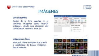 IMÁGENES
Este dispositivo
Dentro de la ficha Insertar en el
comando imágenes podrá insertar
imágenes, desde una ubicación del
computador, memoria USB, etc.
Imágenes en línea
Microsoft Word también nos brinda
la posibilidad de buscar imágenes
desde internet.
 