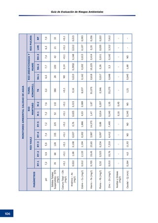 Guía de Evaluación de Riesgos Ambientales
106
MONITOREOAMBIENTALCALIDADDEAGUA
PARÁMETROS
RIOYAULI
RIO
MANTARO
TUNEL
KINGSMILL
RIOANDAYCHAGUAY
HUARI
RIOPUCARA
RY-1RY-2RY-3RY-4RY-5M-1M-2TKRA-1RA-2RH-3LHRRP
pH7,25,95,97,47,27,27,63,26,07,77,46,37,0
SólidosTotales
Suspendidos-STS
(mg/l)
35681281552255213238028220422133
CianuroTotal–CN-
(mg/l)
<0,1<0,1<0,1<0,1<0,1<0,1<0,1<0,1ND0,14<0,1<0,1<0,1
Arsénico–As
(mg/l)
0,0221,080,1080,0270,760,0250,3150,160,0150,29500,1680,0120,015
Cobre–Cu(mg/l)0,0122,1331,1940,2021,8860,030,0898,0370,1620,2020,0130,1070,093
Hierro–Fe(mg/l)0,70519,4523,653,98714,3751,471,8791,0750,61810,2250,4140,350,256
Plomo–Pb(mg/l)0,520,5230,2340,0970,880,0140,2070,5460,0170,260,0110,0200,022
Zinc–Zn(mg/l)0,01510,767,2196,4127,4950,2451,5533,2750,0483,30,1423,3127,612
AceitesyGrasas
(mg/l)
-----0,160,45------
Caudal–Q(m/s)0,2644,011,93NDND0,245ND1,210,0451,68ND--
 