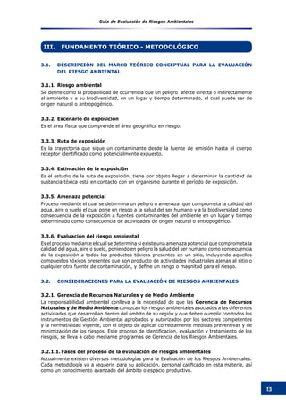 Guía de Evaluación de Riesgos Ambientales
13
III.	 FUNDAMENTO TEÓRICO - METODOLÓGICO
3.1.	 DESCRIPCIÓN DEL MARCO TEÓRICO CONCEPTUAL PARA LA EVALUACIÓN
DEL RIESGO AMBIENTAL
3.1.1.	Riesgo ambiental
Se define como la probabilidad de ocurrencia que un peligro  afecte directa o indirectamente
al ambiente y a su biodiversidad, en un lugar y tiempo determinado, el cual puede ser de
origen natural o antropogénico.
3.3.2.	Escenario de exposición
Es el área física que comprende el área geográfica en riesgo.
3.3.3.	Ruta de exposición
Es la trayectoria que sigue un contaminante desde la fuente de emisión hasta el cuerpo
receptor identificado como potencialmente expuesto.
3.3.4.	Estimación de la exposición
Es el estudio de la ruta de exposición, tiene por objeto llegar a determinar la cantidad de
sustancia tóxica está en contacto con un organismo durante el período de exposición.
3.3.5.	Amenaza potencial
Proceso mediante el cual se determina un peligro o amenaza que comprometa la calidad del
agua, aire o suelo el cual pone en riesgo a la salud del ser humano y a la biodiversidad como
consecuencia de la exposición a fuentes contaminantes del ambiente en un lugar y tiempo
determinado como consecuencia de actividades de origen natural o antropogénico.
3.3.6.	Evaluación del riesgo ambiental
Es el proceso mediante el cual se determina si existe una amenaza potencial que comprometa la
calidad del agua, aire o suelo, poniendo en peligro la salud del ser humano como consecuencia
de la exposición a todos los productos tóxicos presentes en un sitio, incluyendo aquellos
compuestos tóxicos presentes que son producto de actividades industriales ajenas al sitio o
cualquier otra fuente de contaminación, y define un rango o magnitud para el riesgo.
3.2.	 CONSIDERACIONES PARA LA EVALUACIÓN DE RIESGOS AMBIENTALES
3.2.1.	Gerencia de Recursos Naturales y de Medio Ambiente
La responsabilidad ambiental conlleva a la necesidad de que las Gerencia de Recursos
Naturales y de Medio Ambiente conozcan los riesgos ambientales asociados a las diferentes
actividades que desarrollan dentro del ámbito de su región y que deben cumplir con todos los
instrumentos de Gestión Ambiental aprobados y autorizados por los sectores competentes
y la normatividad vigente, con el objeto de aplicar correctamente medidas preventivas y de
minimización de los riesgos. Este proceso de identificación, evaluación y tratamiento de los
riesgos, se lleva a cabo mediante programas de Gerencia de los Riesgos Ambientales.
3.2.1.1.	Fases del proceso de la evaluación de riesgos ambientales
Actualmente existen diversas metodologías para la Evaluación de los Riesgos Ambientales.
Cada metodología va a requerir, para su aplicación, personal calificado en esta materia, así
como un conocimiento avanzado del ámbito o espacio productivo.
 