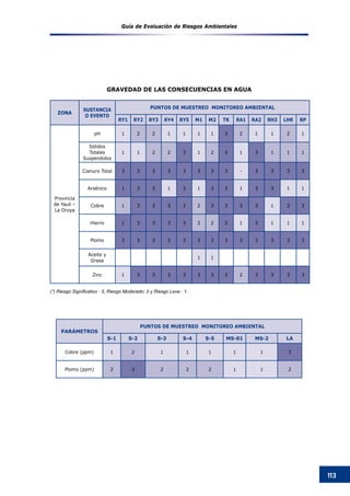 Guía de Evaluación de Riesgos Ambientales
113
ZONA
SUSTANCIA
O EVENTO
PUNTOS DE MUESTREO MONITOREO AMBIENTAL
RY1 RY2 RY3 RY4 RY5 M1 M2 TK RA1 RA2 RH3 LHR RP
Provincia
de Yauli –
La Oroya
pH 1 2 2 1 1 1 1 3 2 1 1 2 1
Sólidos
Totales
Suspendidos
1 1 2 2 3 1 2 3 1 3 1 1 1
Cianuro Total 3 3 3 3 3 3 3 3 - 3 3 3 3
Arsénico 1 3 3 1 3 1 3 3 1 3 3 1 1
Cobre 1 3 3 3 3 2 3 3 3 3 1 3 3
Hierro 1 3 3 3 3 2 2 3 1 3 1 1 1
Plomo 3 3 3 3 3 3 3 3 3 3 3 3 3
Aceite y
Grasa
1 1
Zinc 1 3 3 3 3 3 3 3 2 3 3 3 3
(*) Riesgo Significativo : 3, Riesgo Moderado: 2 y Riesgo Leve : 1.
PARÁMETROS
PUNTOS DE MUESTREO MONITOREO AMBIENTAL
S-1 S-2 S-3 S-4 S-5 MS-01 MS-2 LA
Cobre (ppm) 1 2 1 1 1 1 1 3
Plomo (ppm) 2 3 2 2 2 1 1 2
GRAVEDAD DE LAS CONSECUENCIAS EN AGUA
 