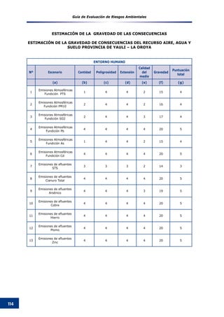 Guía de Evaluación de Riesgos Ambientales
114
ENTORNO HUMANO
Nº Escenario Cantidad Peligrosidad Extensión
Calidad
del
medio
Gravedad
Puntuación
total
(a) (b) (c) (d) (e) (f) (g)
1
Emisiones Atmosféricas
Fundición PTS
1 4 4 2 15 4
2
Emisiones Atmosféricas
Fundición PM10
2 4 4 2 16 4
3
Emisiones Atmosféricas
Fundición SO2
2 4 4 3 17 4
4
Emisiones Atmosféricas
Fundición Pb
4 4 4 4 20 5
5
Emisiones Atmosféricas
Fundición As
1 4 4 2 15 4
6
Emisiones Atmosféricas
Fundición Cd
4 4 4 4 20 5
7
Emisiones de efluentes
STS
3 3 3 2 14 3
8
Emisiones de efluentes
Cianuro Total
4 4 4 4 20 5
9
Emisiones de efluentes
Arsénico
4 4 4 3 19 5
10
Emisiones de efluentes
Cobre
4 4 4 4 20 5
11
Emisiones de efluentes
Hierro
4 4 4 4 20 5
12
Emisiones de efluentes
Plomo
4 4 4 4 20 5
13
Emisiones de efluentes
Zinc
4 4 4 4 20 5
ESTIMACIóN DE LA GRAVEDAD DE LAS CONSECUENCIAS
ESTIMACIóN DE LA GRAVEDAD DE CONSECUENCIAS DEL RECURSO AIRE, AGUA Y
SUELO PROVINCIA DE YAULI – LA OROYA
 