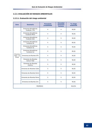 Guía de Evaluación de Riesgos Ambientales
117
2.2.3. EVALUACIÓN DE RIESGOS AMBIENTALES
2.2.3.1. Evaluación del riesgo ambiental
Zona Escenario
Frecuencia
probabilidad
Gravedad
escenario
humano
% riesgo
ambiental
Provincia
Yauli – La
Oroya
Emisiones Atmosféricas
Fundición PTS
4 4 90,50
Emisiones Atmosféricas
Fundición PM10
4 4 90,50
Emisiones Atmosféricas
Fundición SO2
5 5 90,50
Emisiones Atmosféricas
Fundición Pb
5 5 90,50
Emisiones Atmosféricas
Fundición As
5 5 90,50
Emisiones Atmosféricas
Fundición Cd
5 5 90,50
Emisiones de efluentes STS 4 4 40,50
Emisiones de efluentes
Cianuro Total
5 5 90,50
Emisiones de efluentes
Arsénico
5 5 90,50
Emisiones de efluentes Cobre 5 5 90,50
Emisiones de efluentes Hierro 5 5 90,50
Emisiones de efluentes Plomo 5 5 90,50
Emisiones de efluentes Zinc 5 5 90,50
PROMEDIO 86,65%
 