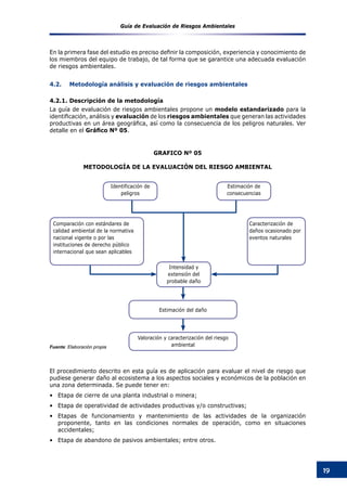 Guía de Evaluación de Riesgos Ambientales
19
GRAFICO Nº 05
METODOLOGÍA DE LA EVALUACIÓN DEL RIESGO AMBIENTAL
En la primera fase del estudio es preciso definir la composición, experiencia y conocimiento de
los miembros del equipo de trabajo, de tal forma que se garantice una adecuada evaluación
de riesgos ambientales.
4.2.	 Metodología análisis y evaluación de riesgos ambientales
4.2.1.	Descripción de la metodología
La guía de evaluación de riesgos ambientales propone un modelo estandarizado para la
identificación, análisis y evaluación de los riesgos ambientales que generan las actividades
productivas en un área geográfica, así como la consecuencia de los peligros naturales. Ver
detalle en el Gráfico Nº 05.
El procedimiento descrito en esta guía es de aplicación para evaluar el nivel de riesgo que
pudiese generar daño al ecosistema a los aspectos sociales y económicos de la población en
una zona determinada. Se puede tener en:
Etapa de cierre de una planta industrial o minera;•	
Etapa de operatividad de actividades productivas y/o constructivas;•	
Etapas de funcionamiento y mantenimiento de las actividades de la organización•	
proponente, tanto en las condiciones normales de operación, como en situaciones
accidentales;
Etapa de abandono de pasivos ambientales; entre otros.•	
Identificación de
peligros
Estimación de
consecuencias
Intensidad y
extensión del
probable daño
Estimación del daño
Valoración y caracterización del riesgo
ambientalFuente: Elaboración propia
Caracterización de
daños ocasionado por
eventos naturales
Comparación con estándares de
calidad ambiental de la normativa
nacional vigente o por las
instituciones de derecho público
internacional que sean aplicables
 