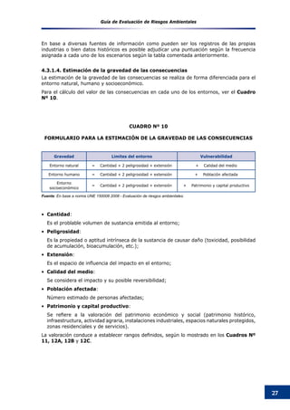 Guía de Evaluación de Riesgos Ambientales
27
Gravedad Limites del entorno Vulnerabilidad
Entorno natural = Cantidad + 2 peligrosidad + extensión + Calidad del medio
Entorno humano = Cantidad + 2 peligrosidad + extensión + Población afectada
Entorno
socioeconómico
= Cantidad + 2 peligrosidad + extensión + Patrimonio y capital productivo
Fuente: En base a norma UNE 150008 2008 - Evaluación de riesgos ambientales.
CUADRO Nº 10
FORMULARIO PARA LA ESTIMACIóN DE LA GRAVEDAD DE LAS CONSECUENCIAS
•	 Cantidad:
	 Es el problable volumen de sustancia emitida al entorno;
•	 Peligrosidad:
	 Es la propiedad o aptitud intrínseca de la sustancia de causar daño (toxicidad, posibilidad
de acumulación, bioacumulación, etc.);
•	 Extensión:
	 Es el espacio de influencia del impacto en el entorno;
•	 Calidad del medio:
	 Se considera el impacto y su posible reversibilidad;
•	 Población afectada:
	 Número estimado de personas afectadas;
•	 Patrimonio y capital productivo:
	 Se refiere a la valoración del patrimonio económico y social (patrimonio histórico,
infraestructura, actividad agraria, instalaciones industriales, espacios naturales protegidos,
zonas residenciales y de servicios).
La valoración conduce a establecer rangos definidos, según lo mostrado en los Cuadros Nº
11, 12A, 12B y 12C.
En base a diversas fuentes de información como pueden ser los registros de las propias
industrias o bien datos históricos es posible adjudicar una puntuación según la frecuencia
asignada a cada uno de los escenarios según la tabla comentada anteriormente.
4.3.1.4. Estimación de la gravedad de las consecuencias
La estimación de la gravedad de las consecuencias se realiza de forma diferenciada para el
entorno natural, humano y socioeconómico.
Para el cálculo del valor de las consecuencias en cada uno de los entornos, ver el Cuadro
Nº 10.
 