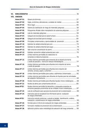 Guía de Evaluación de Riesgos Ambientales
6
VI.	 BIBLIOGRAFIA ......................................................................................... 36
VII.	 ANEXOS
	 Anexo Nº 01:	 Glosario de términos .............................................................................. 37
	 Anexo Nº 02:	 Siglas, acrónimos, abreviaturas y unidades de medida ................................ 46
	 Anexo Nº 03:	 Marco legal ........................................................................................... 49
	 Anexo Nº 04:	 Sistema de clasificación de riesgo de materiales peligrosos .......................... 56
	 Anexo Nº 05:	 Pictogramas oficiales sobre manipulación de sustancias peligrosas ................ 57
	 Anexo Nº 06:	 Lista de materiales peligrosos .................................................................. 59
	 Anexo Nº 07:	 Categoría de toxicidad para la salud humana ............................................. 61
	 Anexo Nº 08:	 Categoría de toxicidad para la ecología ..................................................... 64
	 Anexo Nº 09:	 Principales contaminantes y oportunidades de prevención .......................... 66
	 Anexo Nº 10:	 Estándar de calidad ambiental para aire .................................................... 73
	 Anexo Nº 11:	 Estándar de calidad ambiental para agua ................................................... 74
	 Anexo Nº 12:	 Valor anual de concentración de plomo ...................................................... 75
	 Anexo Nº 13:	 Estándar nacional de calidad ambiental para ruido ...................................... 75
Anexo Nº 14:	 Límites máximos permisibles de radiaciones no
	 ionizantes en telecomunicaciones ............................................................. 76
Anexo Nº 15:	 Límites máximos permisibles para emisiones de la industria de harina 			
y aceite de pescado y harina de residuos hidrobiológicos ............................ 77
Anexo Nº 16:	 Límites máximos permisibles para efluentes de la industria de harina 	 	 	
y aceite de pescado ................................................................................ 78
Anexo Nº 17:	 Límites máximos permisibles para efluentes de la industria del 	 	
cemento, cerveza, papel y curtiembre ....................................................... 79
Anexo Nº 18:	 Límites máximos permisibles para suelos y sedimentos contaminados ........... 82
Anexo Nº 19:	 Límites máximos permisibles para efluentes de líquidos para las actividades 	
del subsector hidrocarburos ..................................................................... 83
Anexo Nº 20:	 Niveles máximos permisibles para efluentes líquidos minero metalúrgicos ...... 84
Anexo Nº 21:	 Niveles de alerta para contaminantes del aire ............................................ 85
Anexo Nº22:	 Niveles máximos permisible de elementos y compuestos presentes en 		
emisiones gaseosas provenientes de las unidades minero-metalúrgicas ......... 87
Anexo Nº 23:	 Lista de verificación para opciones de prevención de la contaminación ........... 89
Anexo Nº 24:	 Instructivo para la recopilación de información para la evaluación 		
de riesgos ambientales ........................................................................... 92
Anexo Nº25:	 Instructivo estudio preliminar y estudio al detalle: identificación, análisis, 	
evaluación y caracterización de riesgos ambientales .................................... 95
Anexo Nº 26:	 Formato para el informe de evaluación de riesgos ambientales ..................... 96
Anexo Nº 27:	 Formulario medidas de prevención de la contaminación ............................... 97
Anexo Nº 28:	 Aplicación práctica sobre metodología de evaluación del riesgo ambiental ...... 99
 
