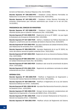 Guía de Evaluación de Riesgos Ambientales
54
terrestre de Materiales y Residuos Peligrosos (Pub. 02/10/2008).
Decreto Supremo Nº 038-2003-MTC – Establecen Límites Máximos Permisibles de
Radiaciones no Ionizantes en Telecomunicaciones (Pub. 06/07/2003).
Decreto Supremo Nº 047-2001-MTC – Establecen Límites Máximos Permisibles de
emisiones contaminantes para vehículos automotores que circulen en la red vial (Pub.
31/10/2001).
PRESIDENCIA DEL CONCEJO DE MINISTROS
Decreto Supremo Nº 037-2008-PCM – Establecen Límites Máximos Permisibles de
efluentes líquidos para el subsector hidrocarburos (Pub. 14/05/2008).
Decreto Supremo Nº 024-2008-PCM - Reglamento de la Ley N° 28804 - Ley que regula
la Declaratoria de Emergencia Ambiental (Púb. 2/04/2008).
Decreto Supremo Nº 027-2007-PCM – Definen y Establecen las Políticas Nacionales de
obligatorio cumplimiento para las entidades del Gobierno Nacional (Pub. 25/03/2007).
Decreto Supremo Nº 010-2005-PCM - Aprueban Estándares de Calidad Ambiental (ECAs)
para Radiaciones No lonizantes (Prom. 02/02/2005).
Decreto Supremo Nº 008-2005-PCM - Aprueban Reglamento de la Ley Nº 28245, ley
marco del sistema nacional de gestión ambiental (Prom. 24/01/2005).
Decreto Supremo Nº 057-2004-PCM - Reglamento de la Ley General de Residuos Sólidos
(Pub. 24/07/2004).
Decreto Supremo Nº 085-2003-PCM – Aprueban el Reglamento de Estándares Nacionales
de Calidad Ambiental para Ruido (Pub. 30/10/2003).
Decreto Supremo Nº 069-2003-PCM - Establecen valor anual de concentración de plomo
(Prom. 14/07/2003).
Decreto Supremo Nº 074-2001-PCM - Reglamento de estándares nacionales de calidad
ambiental del aire (Prom. 22/06/2001).
DEFENSA CIVIL
Decreto Supremo Nº 095-2005-PCM - Modifican el Reglamento de Organización y
Funciones del Instituto Nacional de Defensa Civil (Prom. 06/12/2005).
Decreto Supremo Nº 069-2005-PCM - Modifican el Reglamento de la Ley del Sistema
Nacional de Defensa Civil (Prom. 14/09/2005).
Decreto Supremo Nº 001-2004-DE-SG - Aprueban Plan Nacional de Prevención y Atención
de Desastres (Prom. 10/03/2004).
Decreto Supremo Nº 005-2003-PCM - Derogan tercera disposición complementaria del
Reglamento de Organización y Funciones del INDECI (Prom. 07/01/2003).
Decreto Supremo Nº 081-2002-PCM - Crean la Comisión Multisectorial de Prevención y
Atención de Desastres (Prom. 17/08/2002).
Decreto Supremo Nº 058-2001-PCM - Modifican artículo del Reglamento del Sistema
 