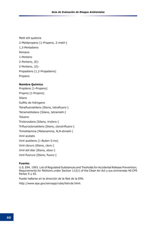 Guía de Evaluación de Riesgos Ambientales
60
Metil etil quetona
2-Metilpropeno [1-Propeno, 2-metil-]
1,3-Pentadieno
Pentano
1-Penteno
2-Penteno, (E)-
2-Penteno, (Z)-
Propadieno [1,2-Propadieno]
Propano
Nombre Químico
Propileno [1-Propeno]
Propino [1-Propino]
Silano
Sulfito de hidrogeno
Tetrafluoroetileno [Eteno, tetrafluoro-]
Tetrametilsilano [Silano, tetrametil-]
Tolueno
Triclorosilano [Silano, tricloro-]
Trifluorocloroetileno [Eteno, clorotrifluoro-]
Trimetilamina [Metanamina, N,N-dimetil-]
Vinil acetato
Vinil acetileno [1-Buten-3-ino]
Vinil cloruro [Eteno, cloro-]
Vinil etil éter [Eteno, etoxi-]
Vinil fluoruro [Eteno, fluoro-]
Fuente:
U.S. EPA. 1993. List of Regulated Substances and Tresholds for Accidental Release Prevention;
Requirements for Petitions under Section 112(r) of the Clean Air Act y sus enmiendas 40 CFR
Partes 9 y 65.
Puede hallarse en la dirección de la Red de la EPA.
http://www.epa.gov/sercepp/rules/listrule.html.
 