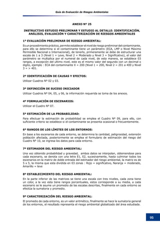 Guía de Evaluación de Riesgos Ambientales
95
ANEXO Nº 25
INSTRUCTIVO ESTUDIO PRELIMINAR Y ESTUDIO AL DETALLE: IDENTIFICACIóN,
ANáLISIS, EVALUACIóN Y CARACTERIZACIóN DE RIESGOS AMBIENTALES
1º Evaluación preliminar de riesgo ambiental:
Es un procedimiento práctico, permite establecer el nivel de riesgo preliminar del contaminante,
para ello se determina si el contaminante tiene un parámetro (ECA, LMP o Nivel Máximo
Permisible Nacional o Internacional), de tenerlo, primeramente se debe de estructurar una
escala de 1 a 3 (Nivel 1 = Leve, Nivel 2 = Moderado y Nivel 3 = Significativo), el valor del
parámetro se multiplica por el numeral de cada nivel, de esta manera, se establece 03
rangos, a excepción del ultimo nivel, este es el mismo valor del segundo con un decimal o
digito, ejemplo : ECA del contaminante X = 200 (Nivel 1 = 200, Nivel 2 = 201 a 400 y Nivel
3 = > 401.
2º Identificación de causas y efectos:
Utilizar Cuadros Nº 02 y 03.
3º Definición de suceso iniciador
Utilizar Cuadros Nº 04, 05, y 06, la información requerida se toma de los anexos.
4º Formulación de escenarios:
Utilizar el Cuadro Nº 07.
5º Estimación de la probabilidad:
Para efectuar la estimación de probabilidad se emplea el Cuadro Nº 09, para ello, con
suficiente criterio se establece si el contaminante se presenta ocasional o frecuentemente.
6º Rangos de los límites de los entornos:
En base a los escenarios de cada entorno, se determina la cantidad, peligrosidad, extensión
población afectada, posteriormente se emplea el formulario de estimación del riesgo del
Cuadro Nº 10, se ingresa los datos para cada entorno.
7º Estimador del riesgo ambiental:
Una vez obtenido probabilidad y gravedad, ambos datos se interpolan, obteniendose para
cada escenario, se denota con una letra E1, E2, sucesivamente, hasta culminar todos los
escenarios en la matriz de doble entrada del estimador del riesgo ambiental, la matriz es de
5 x 5, la misma que esta dividida en 03 zonas : Rojo = significativo, Naranja = moderado,
Amarillo = leve
8º Establecimiento del riesgo ambiental:
En la parte inferior de las matrices se tiene una escala con tres niveles, cada zona tiene
un color, a la vez esta tiene rangos porcentuales, estos corresponde a su media, a cada
escenario se le asume un promedio de las escalas descritas, finalmente en cada entorno se
efectúa la sumatoria y promedio.
9º Caracterización del riesgo ambiental:
El promedio de cada entorno, es un valor aritmético, finalmente se hace la sumatoria general
de los entornos, el resultado representa el riesgo ambiental globalizado del área estudiada.
 