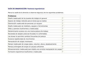 GUÍA DE OBSERVACIÓN: Factores ergonómicos

Marca la casilla de la derecha si observas alguno(s) de los siguientes problemas.

Problemas
Diseño inadecuado de los puestos de trabajo en general
Espacio de trabajo reducido para la tarea que se realiza
Distribución inadecuada de personas y/o equipos
Diseño inadecuado de mobiliario, equipos o herramientas
Sillas y asientos insuficientes o inadecuadas
Mantenimiento excesivo de una misma postura de trabajo
Necesidad de adoptar posturas forzadas no confortables
Las tareas no permiten cambios frecuentes de postura
Excesiva repetitividad de movimientos
Manipulación de cargas innecesaria
Manejo inadecuado de cargas (peso, volumen, altura, desplazamiento
Manejo prolongado de cargas sin pausas suficientes
Almacenamiento inadecuado que impide una correcta manipulación de cargas
Formación ergonómica insuficiente o inadecuada
 