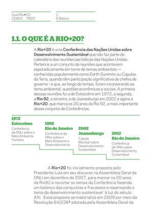 Guia Rio+20              1.
CEBDS	FBDS               O Básico




1.1. O que é a Rio+20?
             A Rio+20 é uma Conferência das Nações Unidas sobre
             Desenvolvimento Sustentável que não faz parte do
             calendário das reuniões periódicas das Nações Unidas.
             Pertence a um conjunto de reuniões que acontecem
             esporadicamente em torno de temas ambientais —
             conhecidas popularmente como Earth Summits ou Cúpulas
             da Terra, quando têm participação significativa de chefes de
             governo - e que, ao longo do tempo, foram incorporando ao
             tema ambiental, questões econômicas e sociais. A primeira
             dessas reuniões foi a de Estocolmo em 1972, a segunda,
             a Rio 92, a terceira, a de Joanesburgo em 2002 e agora a
             Rio+20, que marca os 20 anos da Rio 92, a mais importante
             desse conjunto de Conferências.

1972
Estocolmo          1992
Conferência        Rio de Janeiro     2002
da ONU sobre o     Conferência da     Joanesburgo        2012
Meio Ambiente      ONU sobre o
Humano                                Cúpula             Rio de Janeiro
                   Meio Ambiente e    Mundial sobre
                   Desenvolvimento                       Conferência
                                      Desenvolvimento    da ONU sobre
                                      Sustentável        Desenvolvimento
                                                         Sustentável



                    A Rio+20 foi inicialmente proposta pelo
             Presidente Lula em seu discurso na Assembleia Geral da
             ONU em dezembro de 2007, para marcar os 20 anos
             da Rio92 e revisitar os temas da Conferência fazendo
             um balanço das conquistas e fracassos e repensando o
             tema do desenvolvimento sustentavel à luz do século
             XXI. Essa proposta se materializa em 2009 por meio da
             Resolução 64/2361 adotada pela Assembleia Geral da
 
