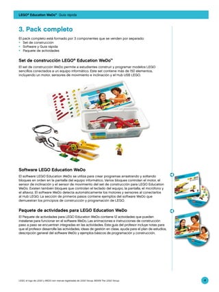 LEGO® Education WeDo™ Guía rápida



3.	Pack completo
El pack completo está formado por 3 componentes que se venden por separado:
•	 Set de construcción
•	 Software y Guía rápida
•	 Paquete de actividades

Set de construcción LEGO® Education WeDo™
El set de construcción WeDo permite a estudiantes construir y programar modelos LEGO
sencillos conectados a un equipo informático. Este set contiene más de 150 elementos,
incluyendo un motor, sensores de movimiento e inclinación y el Hub USB LEGO.




Software LEGO Education WeDo
El software LEGO Education WeDo se utiliza para crear programas arrastrando y soltando
bloques en orden en la pantalla del equipo informático. Varios bloques controlan el motor, el
sensor de inclinación y el sensor de movimiento del set de construcción para LEGO Education
WeDo. Existen también bloques que controlan el teclado del equipo, la pantalla, el micrófono y
el altavoz. El software WeDo detecta automáticamente los motores y sensores al conectarlos
al Hub LEGO. La sección de primeros pasos contiene ejemplos del software WeDo que
demuestran los principios de construcción y programación de LEGO.


Paquete de actividades para LEGO Education WeDo
El Paquete de actividades para LEGO Education WeDo contiene 12 actividades que pueden
instalarse para funcionar en el software WeDo. Las animaciones e instrucciones de construcción
paso a paso se encuentran integradas en las actividades. Esta guía del profesor incluye notas para
que el profesor desarrolle las actividades, ideas de gestión en clase, ayuda para el plan de estudios,
descripción general del software WeDo y ejemplos básicos de programación y construcción.




LEGO, el logo de LEGO y WEDO son marcas registradas de LEGO Group. ©2009 The LEGO Group.                 4
 