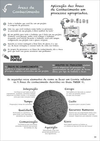 Aplicação das Áreas
               Áreas de
                                                                   de Conhecimento em
             Conhecimento                                          processos apropriados.


1     Todo o trabalho que você faz em um projeto
      é composto de processos.

      Uma vez que você conhece como todos os processos
2
      se encaixam em seu projeto, é fácil lembrar de tudo!

3     Há um padrão para todo o trabalho que é feito em seu projeto.
      Primeiro você planeja, então você começa a trabalhar.
      Enquanto você estiver fazendo o trabalho, você está sempre
      comparando seu projeto com o plano original.

      Quando as coisas começam a ficar fora do plano, é a sua
4     vez de fazer correções e colocar tudo de volta nos trilhos.

      Os grupos de processos e as áreas de conhecimento, são a chave
5     para que tudo isso possa acontecer sem problemas




                                                                     Os GRUPOS DE PROCESSOS ajudam
As ÁREAS DE CONHECIMENTO irão                                        você a organizar os processos de
ajudá-lo a organizar por assunto os                                  gerenciamento de um projeto de forma
principais aspectos envolvidos em um projeto.                        eficaz por tipo de trabalho a fazer.



     Os seguintes nove elementos de como se fazer um Cookie refletem
          as 9 Áreas do conhecimento descritas no Guia PMBOK ®.


                             Integração                                             Escopo
                Certifique-se que todos as partes                                     Você poderia ter decorado os cookies?
    (ingredientes, ajudantes, utensílios) estejam                                     ou feito um tamanho menor?
    disponíveis na ordem correta, e no momento                                        ou mais uma fornada?
               certo para todo o projeto Cookie.


                              Tempo                                                       Custo
        Preparação e tempo de cozimento.                                                  Orçamento para o projeto Cookie.



                      Qualidade                                                           Recursos Humanos
             Verificando se a aparência e o                                               Garanta que sua programação esteja clara
             gosto estão como esperados e                                                 entre as partes interessadas, e que elas
                   atendendo aos requisitos.                                              estejam disponíveis para saborear o Cookie.



                       Comunicação                                                 Risco
                      Certifique-se que você esteja                                Você poderia queimar os Cookies ou
                 utilizando o sistema internacional                                a si mesmo ao assá-los? Os ovos são frescos?
                                de medidas (ml, Kg)      Aquisição
                                                       Selecionando a loja mais
                                                      apropriada parafornecer os
                                                          seus ingredientes.

                                                                                                                                  04
 