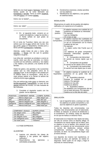 Bella era una mujer joven y hermosa. Cuando su
familia quedó en la ruina demostró ser
bondadosa y sencilla. Tenía un rostro angelical,
una piel suave y un cuerpo esbelto.
Cómo era la bestia?______________________
_______________________________________
_______________________________________
Cómo era bella? ________________________
_______________________________________
_______________________________________
2. En el siguiente texto encierro en un
cuadro los adjetivos. Luego los escribo y
al frente señalo en qué grado se
encuentran.
En el norte de Turambul, había una vez una
señora que era la peor señora del mundo. Era
tan gorda, como un hipopótamo, fumaba puro y
tenía colmillos puntiagudos y brillantes.
Además, usaba botas de pico y tenía uñas
grandes y filosas con las que le gustaba
rasguñar a la gente…
Los niños del vecindario se echaban a correr en
cuanto veían que ella se acercaba. Lo mismo
sucedía con los señores y señoras y los viejitos
y las viejitas y los policías y los dueños de las
tiendas.
Hasta los gatos y las gaviotas y las cucarachas
sabían que su vida peligraba cerca de la
malvada mujer. A las hormigas ni les pasaba por
la cabeza hacer su hormiguero cerca de su
casa porque sabían si lo hacían la señora les
echaría encima agua caliente.
Era una señora tan mala como un demonio, era
terrible,espantosa, malvadísima. La peor de las
peores señoras del mundo. La más malvada de
las malvadas.
3. Complete el siguiente cuadro con los
grados de los adjetivos.
POSITIVO COMPARAT. INFERI. COMPA. SUPER.
Alegre Menos alegre que Más alegre que
Alto Menos alto que Más alto que
Delgado Menos delgado que Más delgado q´
Inteligente Menos inteligente que Más inteligente q´
Triste Menos triste que Más triste que
COMPARAT. IGUALD. SUPER LATIVO
Tan alegre como Muy alegre
Tan alto como Altísimo
Tan delgado como Muy delgado
Tan inteligente como Muy inteligente
Tan triste como Tristísimo
4.3.FASE EXPRESIVA
ALGORITMO
4. Leamos con atención las clases de
adjetivos y los grados del adjetivo
calificativo.
5. Desarrollemos los ejercicios y
actividades propuestas.
6. Construimos oraciones y textos sencillos
con los adjetivos.
7. Identificamos los adjetivos y sus grados
en distintos textos.
MODELACIÓN
Observemos el cuadro de los grados del adjetivo
calificativo y lo copiamos en el cuaderno.
Grado
positivo
El adjetivo expresa una cualidad de un
sustantivo sin destacar su intensidad.
Por ejemplo:
-juan es inteligente.
-El conejo es ágil.
Grado
Comparativo
El adjetivo expresa dos cualidades de
un mismo sustantivo o una cualidad de
un ser en comparación con la misma
cualidad de otro ser.
Por ejemplo:
- tu pájaro canta más Fuerte que el
mío.
Los adjetivos de grado comparativo
expresan inferioridad, igualdad o
superioridad.
 Comparativo de inferioridad
El camión es menos rápido que mi
auto.
 Comparativo de igualdad
El camión es tan rápido como mi auto.
 Comparativo de superioridad
El camión fue más rápido que mi auto.
Grado
Superlativo
El adjetivo expresa la cualidad de un
sustantivo en su grado más alto.
Ejemplo:
 Superlativo absoluto
Expresa la cualidad en un grado
máximo. Por ejemplo:
Catalina es muy alto
Catalina es altísima
 Superlativo relativo:
Se establece una comparación del ser
con el resto del grupo. Por ejemplo:
Catalina es la más alta del salón.
SIMULACIÓN
1. Lee el siguiente texto y subraya con rojo
los adjetivos en grado comparativo y con
azul los adjetivos en grado superlativo.
Todos los deportes son emocionantes. Los
deportes más emocionantes son el baloncesto,
el fútbol, la natación, la carrera de obstáculos y
el montañismo. En síntesis, todos los deportes
en los que se realiza un esfuerzo físico.
El baloncesto es el deporte más rápido de todos,
por ello se conoce como el deporte ráfaga. El
montañismo es menos rápido que el fútbol, pero
su objetivo no es la rapidez, sino alcanzar una
cumbre. La natación es tan emocionante como
la carrera de obstáculos, porque ambas
competencias concluyen con finales muy
cerradas, es decir, los competidores llegan casi
al mismo tiempo.
Los deportes de invierno son rapidísimos, el
descenso es aquí, por ejemplo, se realiza en
segundos. Gana quien no se caiga y haga el
recorrido en menos tiempo.
 