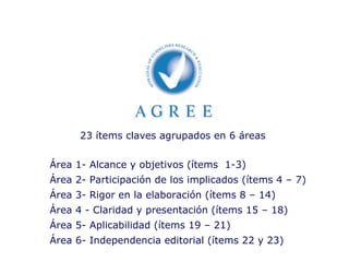 Área 1- Alcance y objetivos   (ítems  1-3) Área 2- Participación de los implicados (ítems 4 – 7) Área 3- Rigor en la elaboración (ítems 8 – 14) Área 4 - Claridad y presentación   (ítems 15 – 18) Área 5- Aplicabilidad (ítems 19 – 21) Área 6- Independencia editorial (ítems 22 y 23) 23 ítems claves agrupados en 6 áreas  