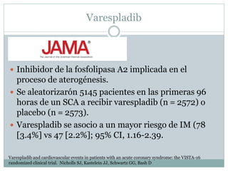 Varespladib
 Inhibidor de la fosfolipasa A2 implicada en el
proceso de aterogénesis.
 Se aleatorizarón 5145 pacientes en las primeras 96
horas de un SCA a recibir varespladib (n = 2572) o
placebo (n = 2573).
 Varespladib se asocio a un mayor riesgo de IM (78
[3.4%] vs 47 [2.2%]; 95% CI, 1.16-2.39.
Varespladib and cardiovascular events in patients with an acute coronary syndrome: the VISTA-16
randomized clinical trial. Nicholls SJ, Kastelein JJ, Schwartz GG, Bash D
 