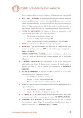 Detección de Problemas de Salud Mental 3
En el segundo casillero se anotará el número del documento que corresponda.
 APELLIDOS Y NOMBRES: Se registra en los respectivos espacios: el apellido
paterno, apellido materno y nombres del asegurado. En caso que el asegurado
cuente con un solo apellido, se consignara este y el otro casillero se dejará en
blanco. Si el paciente cuenta con más de dos nombres, el primer nombre se
registra en el primer casillero y los demás nombres en el segundo casillero.
 FECHA DE NACIMIENTO: Se registra la fecha de nacimiento en los
casilleros correspondientes con el siguiente formato:
 Día: del 01 al 31 (2 dígitos), ejemplo: 08.
 Mes: del 01 al 12 (2 dígitos), ejemplo: 06.
 Año: el año en que nació el asegurado (4 dígitos), ejemplo: 2008.
 SEXO: Se marcará con una “X” el casillero que corresponda.
 ATENCIÓN: Para las prestaciones de Detección de trastornos de salud
mental se marcará con una “X” en el casillero que corresponde a
AMBULATORIO
 NÚMERO DE HISTORIA CLINICA: Se registra aquí el número de la Historia
Clínica o Código de Matricula del Alumno asignado por la Institución
Educativa.
 CONCEPTO PRESTACIONAL: Corresponde al tipo de las prestaciones
asistenciales, en el caso de Detección de trastornos de salud mental se
marcará con una “X” en el casillero que corresponde a ATENCIÓN
DIRECTA
 FECHA DE ATENCIÓN: Se registra la fecha de atención en los casilleros
correspondientes con el siguiente formato:
 Día: del 01 al 31 (2 dígitos), ejemplo: 12.
 Mes: del 01 al 12 (2 dígitos), ejemplo: 10.
 Año: el año de la atención (4 dígitos), ejemplo: 2014.
 HORA: Se registra la hora atención en los casilleros correspondientes con el
siguiente formato:
 Hora: del 01 al 24 (2 dígitos), ejemplo: 18.
 Minutos: del año 01 al 60 (2 dígitos), ejemplo: 45.
 LUGAR DE ATENCIÓN: Dependiendo del lugar donde se realiza la actividad
se marcará en el casillero que corresponda con una “X” (EXTRAMURAL)
 PERSONAL QUE ATIENDE: Se marcará con una “X” en el casillero
correspondiente según el tipo de personal que atiende, para el caso se
marcará con un aspa “X” ITINERANTE/EQ AISPED.
 