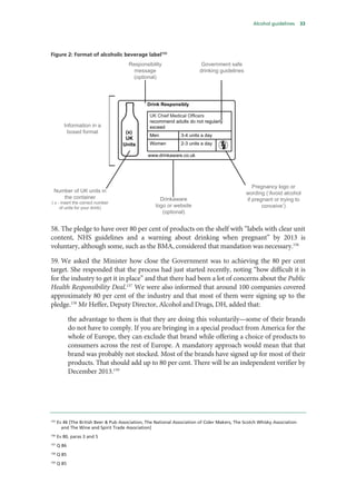 Alcohol guidelines 33
Figure 2: Format of alcoholic beverage label155
58. The pledge to have over 80 per cent of products on the shelf with “labels with clear unit
content, NHS guidelines and a warning about drinking when pregnant” by 2013 is
voluntary, although some, such as the BMA, considered that mandation was necessary.156
59. We asked the Minister how close the Government was to achieving the 80 per cent
target. She responded that the process had just started recently, noting “how difficult it is
for the industry to get it in place” and that there had been a lot of concerns about the Public
Health Responsibility Deal.157
We were also informed that around 100 companies covered
approximately 80 per cent of the industry and that most of them were signing up to the
pledge.158
Mr Heffer, Deputy Director, Alcohol and Drugs, DH, added that:
the advantage to them is that they are doing this voluntarily—some of their brands
do not have to comply. If you are bringing in a special product from America for the
whole of Europe, they can exclude that brand while offering a choice of products to
consumers across the rest of Europe. A mandatory approach would mean that that
brand was probably not stocked. Most of the brands have signed up for most of their
products. That should add up to 80 per cent. There will be an independent verifier by
December 2013.159
155
Ev 46 [The British Beer & Pub Association, The National Association of Cider Makers, The Scotch Whisky Association
and The Wine and Spirit Trade Association]
156
Ev 80, paras 3 and 5
157
Q 86
158
Q 85
159
Q 85
recommend adults do not regularly
exceed
Men 3-4 units a day
Women 2-3 units a day
(x)
UK
Units
www.drinkaware.co.uk
Drink Responsibly
Number of UK units in
the container
( x - insert the correct number
of units for your drink)
Drinkaware
logo or website
(optional)
Pregnancy logo or
wording (‘Avoid alcohol
if pregnant or trying to
conceive’)
Responsibility
message
(optional)
Government safe
drinking guidelines
Information in a
boxed format
 