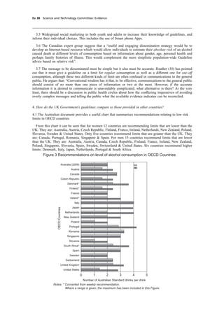 cobber Pack: U PL: CWE1 [E] Processed: [03-01-2012 16:31] Job: 015231 Unit: PG03
Ev 38 Science and Technology Committee: Evidence
3.5 Widespread social marketing to both youth and adults to increase their knowledge of guidelines, and
inform their individual choices. This includes the use of Smart phone Apps.
3.6 The Canadian expert group suggest that a “useful and engaging dissemination strategy would be to
develop an Internet-based resource which would allow individuals to estimate their absolute risk of an alcohol
caused death at different levels of consumption based on information about gender, age, personal health and
perhaps family histories of illness. This would complement the more simplistic population-wide Guideline
advice based on relative risk”.
3.7 The message to be disseminated must be simple but it also must be accurate. Heather (10) has pointed
out that it must give a guideline on a limit for regular consumption as well as a different one for one-off
consumption, although these two different kinds of limit are often confused in communications to the general
public. He argues that: “Conventional wisdom has it that, to be effective, communications to the general public
should consist of no more than one piece of information or two at the most. However, if the accurate
information it is desired to communicate is unavoidably complicated, what alternative is there? At the very
least, there should be a discussion in public health circles about how the conﬂicting imperatives of avoiding
overly complex messages and telling the public what the available evidence indicates can be reconciled.
4. How do the UK Government’s guidelines compare to those provided in other countries?
4.1 The Australian document provides a useful chart that summarises recommendations relating to low risk
limits in OECD countries
From this chart it can be seen that for women 12 countries are recommending limits that are lower than the
UK. They are: Australia, Austria, Czech Republic, Finland, France, Ireland, Netherlands, New Zealand, Poland,
Slovenia, Sweden & United States. Only ﬁve countries recommend limits that are greater than the UK. They
are: Canada, Portugal, Romania, Singapore & Spain. For men 15 countries recommend limits that are lower
than the UK. They are: Australia, Austria, Canada, Czech Republic, Finland, France, Ireland, New Zealand,
Poland, Singapore, Slovenia, Spain, Sweden, Switzerland & United States. Six countries recommend higher
limits: Denmark, Italy, Japan, Netherlands, Portugal & South Africa.
0 1 2 3 4 5
Number of Australian Standard drinks per drink
Notes: * Converted from weekly recommendation.
Where a range is given, the maximum has been included in this Figure.
Australia (2009)
Austria
Canada
Czech Republic
Denmark*
Finland*
France
Ireland*
Italy
Japan
Netherlands
New Zealand
Poland
Portugal
Romania
Singapore
Slovenia
South Africa*
Spain
Sweden
Switzerland
United Kingdom
United States
OECDCountries
Figure 3 Recommendations on level of alcohol consumption in OECD Countries
 
