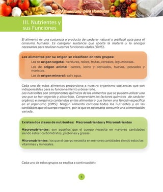 Guía Alimentaria para Honduras 
III. Nutrientes y 
sus Funciones 
El alimento es una sustancia o producto de carácter natural o articial apta para el 
consumo humano. Es cualquier sustancia que aporta la materia y la energía 
necesarias para realizar nuestras funciones vitales (OMS). 
Los alimentos por su origen se clasican en tres grupos: 
 Los de origen vegetal: verduras, raíces, frutas, cereales, leguminosas. 
 Los de origen animal: carnes, leche y derivados, huevos, pescados y 
6 
mariscos. 
 Los de origen mineral: sal y agua. 
Cada uno de estos alimentos proporciona a nuestro organismo sustancias que son 
indispensables para su funcionamiento y desarrollo. 
Los nutrientes son componentes químicos de los alimentos que se pueden utilizar una 
vez que se han ingerido y absorbido. Comprenden los factores químicos de carácter 
orgánico e inorgánico contenidos en los alimentos y que tienen una función especíca 
en el organismo (OMS). Ningún alimento contiene todos los nutrientes y en las 
cantidades que el cuerpo requiere, por lo que es necesario consumir una alimentación 
variada. 
Existen dos clases de nutrientes: Macronutrientes y Micronutrientes 
Macronutrientes: son aquéllos que el cuerpo necesita en mayores cantidades 
siendo éstos: carbohidratos, proteínas y grasas. 
Micronutrientes: los que el cuerpo necesita en menores cantidades siendo estos las 
vitaminas y minerales. 
Cada uno de estos grupos se explica a continuación: 
 