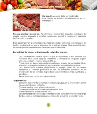 Guía Alimentaria para Honduras 
Carnes. El consumo debe ser moderado. 
Este grupo se explica detalladamente en el 
mensaje #3. 
Grasas, aceites y azúcares. Por último se recomiendan pequeñas cantidades de 
grasas (aceites, aguacate y semillas: cacahuate, ajonjolí o marañón) y azúcares 
(azúcar, miel y panela). 
Si se logra incluir en la alimentación diaria la variedad de alimentos recomendados en 
la olla, se obtendrá un aporte adecuado de proteínas, grasas, bra, carbohidratos, 
vitaminas y minerales necesarios para mantenerse saludable. 
Benecios de comer alimentos de todos los grupos 
 Una alimentación variada ayuda a que el organismo pueda realizar sus 
funciones tales como respirar, mantener la temperatura corporal, digerir 
alimentos, crecer, y realizar actividad física. 
 Proporciona un aporte adecuado de proteínas, grasas, carbohidratos, bra, 
vitaminas y minerales necesarios para mantener saludable el organismo. 
 Una alimentación variada proporciona al cuerpo todos los nutrientes 
necesarios y también promueve el uso de diferentes alimentos en la 
preparación de las comidas, lográndose una alimentación más equilibrada y 
agradable. 
 Ayuda a proteger contra las enfermedades. 
Sugerencias 
 Consumir diariamente alimentos de todos los grupos, en la proporción y con la 
frecuencia indicadas en la olla. 
 Coma despacio y en un ambiente tranquilo. 
 Coma para quedar satisfecho y no para quedar lleno. 
 Preera alimentos preparados en casa. 
 Es recomendable distribuir los alimentos que se necesitan consumir a lo largo 
del día, en cinco comidas: desayuno, merienda, almuerzo, merienda y cena. 
21 
 