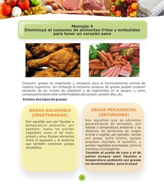 Guía Alimentaria para Honduras 
Mensaje 4 
Disminuya el consumo de alimentos fritos y embutidos 
para tener un corazón sano 
Consumir grasas es importante y necesario para el funcionamiento normal de 
nuestro organismo. Sin embargo el consumo excesivo de grasas pueden producir 
elevación de los niveles de colesterol y de triglicéridos en la sangre, y como 
consecuencia desarrollar enfermedades del corazón, presión alta, etc. 
Existen dos tipos de grasas: 
Son aquéllas que son líquidas a 
temperatura ambiente, por 
ejemplo: todos los aceites 
vegetales como el de maíz, 
girasol y oliva. Existen alimentos 
como el aguacate y la aceituna 
que también contienen grasas 
saludables. 
S o n a q u é l l a s q u e s e o b t i e n e n 
generalmente de animales, son 
sólidas a temperatura ambiente y se 
obtienen de alimentos de origen 
animal o vegetal, por ejemplo: carnes 
con grasa, leche entera, quesos 
grasosos (ejemplo el quesillo), y 
aceites vegetales procesados como la 
manteca y la margarina. 
También el aceite de coco y el de 
palma aunque sean líquidos a 
temperatura ambiente son grasas 
no recomendables para la salud. 
GRASA SALUDABLE 
(INSATURADAS) 
GRASA PERJUDICIAL 
(SATURADAS) 
29 
 