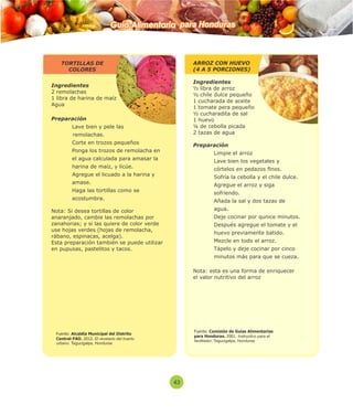 Ingredientes 
2 remolachas 
1 libra de harina de maíz 
Agua 
Preparación 
 Lave bien y pele las 
remolachas. 
 Corte en trozos pequeños 
 Ponga los trozos de remolacha en 
el agua calculada para amasar la 
harina de maíz, y licúe. 
 Agregue el licuado a la harina y 
amase. 
 Haga las tortillas como se 
acostumbra. 
Nota: Si desea tortillas de color 
anaranjado, cambie las remolachas por 
zanahorias; y si las quiere de color verde 
use hojas verdes (hojas de remolacha, 
rábano, espinacas, acelga). 
Esta preparación también se puede utilizar 
en pupusas, pastelitos y tacos. 
ARROZ CON HUEVO 
(4 A 5 PORCIONES) 
Ingredientes 
½ libra de arroz 
½ chile dulce pequeño 
1 cucharada de aceite 
1 tomate pera pequeño 
½ cucharadita de sal 
1 huevo 
¼ de cebolla picada 
2 tazas de agua 
Preparación 
 Limpie el arroz 
 Lave bien los vegetales y 
córtelos en pedazos nos. 
 Sofría la cebolla y el chile dulce. 
 Agregue el arroz y siga 
sofriendo. 
 Añada la sal y dos tazas de 
agua. 
 Deje cocinar por qunice minutos. 
 Después agregue el tomate y el 
huevo previamente batido. 
 Mezcle en todo el arroz. 
 Tápelo y deje cocinar por cinco 
minutos más para que se cueza. 
Nota: esta es una forma de enriquecer 
el valor nutritivo del arroz 
43 
Fuente: Alcaldía Municipal del Distrito 
Central-FAO. 2012. El recetario del huerto 
urbano. Tegucigalpa, Honduras 
Fuente: Comisión de Guías Alimentarias 
para Honduras. 2001. Instructivo para el 
facilitador. Tegucigalpa, Honduras 
TORTILLAS DE 
COLORES 
Guía Alimentaria para Honduras 
 
