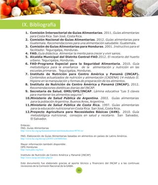 IX. Bibliogra a 
1. Comisión Intersectorial de Guías Alimentarias. 2011. Guías alimentarias 
para Costa Rica. San José, Costa Rica. 
2. Comisión Nacional de Guías Alimentarias. 2012. Guías alimentarias para 
Guatemala. Recomendaciones para una alimentación saludable. Guatemala. 
3. Comisión de Guías Alimentarias para Honduras. 2001. Instructivo para el 
facilitador. Tegucigalpa, Honduras. 
4. FAO. Guía didáctica. Alimentar la mente para crecer y vivir sanos. 
5. Alcaldía Municipal del Distrito Central-FAO.2012. El recetario del huerto 
urbano. Tegucigalpa, Honduras. 
6. FAO-Programa Especial para la Seguridad Alimentaria. 2010. Guía 
metodológica para la enseñanza de la alimentación y nutrición en las 
escuelas primarias. Tegucigalpa, Honduras. 
7. Instituto de Nutrición para Centro América y Panamá (INCAP). 
Contenidos actualizados de nutrición y alimentación (CADENA) 14 módulo II. 
Higiene en la manipulación y formas de preparación de los alimentos. 
8. Instituto de Nutrición de Centro América y Panamá (INCAP). 2012. 
Recomendaciones dietéticas diarias del INCAP. 
9. Secretaria de Salud. OMS/OPS/INCAP. Lámina educativa “Las 5 claves 
para mantener los alimentos seguros”. 
10.Ministerio de Salud Pública de Argentina. 2003. Guías alimentarias 
para la población Argentina. Buenos Aires, Argentina. 
11.Ministerio de Salud Pública de Costa Rica. 1997. Guías alimentarias 
para la educación nutricional en Costa Rica. San José, Costa Rica. 
12.Proyecto Agricultura para Necesidades Básicas (A4N). 2010. Guía 
metodológica nutricional, consejos en salud y recetario. San Salvador, 
El Salvador. 
Enlaces: 
FAO. Guías Alimentarias 
http://www.fao.org/ag/humannutrition/nutritioneducation/49741/es/ 
FAO. Elaboración de Guías Alimentarias basadas en alimentos en países de Latino América. 
http://www.fao.org/docrep/x2650T/x2650t04.htm 
Mayor información también disponible: 
OPS Honduras 
http://new.paho.org/hon/ 
Instituto de Nutrición de Centro América y Panamá (INCAP) 
http://www.incap.int/index.php/es/ 
Este documento fue elaborado gracias al aporte técnico y nanciero del INCAP y a las continuas 
revisiones de la Comisión Nacional de la GABA. 
53 
 