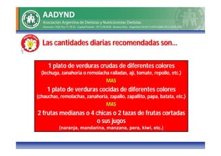 Las cantidades diarias recomendadas son…

     1 plato de verduras crudas de diferentes colores
  (lechuga, zanahoria o remolacha ralladas, ají, tomate, repollo, etc.)
                                  MAS
     1 plato de verduras cocidas de diferentes colores
(chauchas, remolachas, zanahoria, zapallo, zapallito, papa, batata, etc.)
                                  MAS
2 frutas medianas o 4 chicas o 2 tazas de frutas cortadas
                      o sus jugos
          (naranja, mandarina, manzana, pera, kiwi, etc.)
 