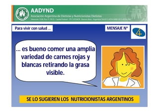 Para vivir con salud …                  MENSAJE Nº




… es bueno comer una amplia
 variedad de carnes rojas y
  blancas retirando la grasa
           visible.


       SE LO SUGIEREN LOS NUTRICIONISTAS ARGENTINOS
 
