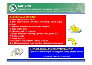 ALGUNA DE ESTAS OPCIONES:
- 2 hamburguesas caseras chicas.
- ½ plato de carne picada o en cubitos o mondongo, riñón o lengua
cortados.
- 1 churrasco mediano ò bife de costilla o de hígado.
- ¼ pollo sin piel chico.
- 1 milanesa grande o 2 pequeñas.
- 2 rodajas gruesas de carne magra (peceto, colita, paleta, etc.).
- 1 filet de pescado.
- 1 taza de mariscos.
- 1 lata chica de atún, caballa o sardinas al natural.
- 2 costillitas pequeñas de cerdo o cordero (eligiendo cortes magros).


                          1 VEZ POR SEMANA SE PUEDE REEMPLAZAR POR:
                          - 4 fetas de fiambre desgrasado tipo jamón cocido, paleta o pastròn
                                                             +
                                           - 1 huevo (3 a 4 veces por semana)
 