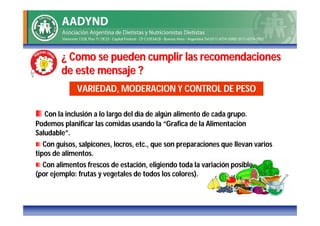 ¿ Como se pueden cumplir las recomendaciones
        de este mensaje ?
              VARIEDAD, MODERACION Y CONTROL DE PESO

   Con la inclusión a lo largo del día de algún alimento de cada grupo.
Podemos planificar las comidas usando la “Grafica de la Alimentaciòn
Saludable”.
   Con guisos, salpicones, locros, etc., que son preparaciones que llevan varios
tipos de alimentos.
  Con alimentos frescos de estación, eligiendo toda la variación posible,
(por ejemplo: frutas y vegetales de todos los colores).
 