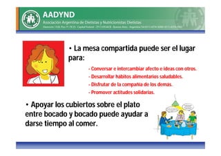 • La mesa compartida puede ser el lugar
            para:
                   - Conversar e intercambiar afecto e ideas con otros.
                   - Desarrollar hábitos alimentarios saludables.
                   - Disfrutar de la compañía de los demás.
                   - Promover actitudes solidarias.

• Apoyar los cubiertos sobre el plato
entre bocado y bocado puede ayudar a
darse tiempo al comer.
 