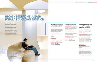 Becas y créditos 2012 / EDUCACIÓN SUPERIOR




     BECAS y BENEFICIOS JUNAEB
     PARA lA EDUCACIÓN SUPERIOR
     La JUNAEB pone a su
     disposición la oferta de                           Beca Presidente de                        Beca indígena (Bi)                           Beca de Mantención
     becas y programas en                               la república (BPr)                                                                     para la educación
     apoyo a la educación de                            en qué consiste: es un aporte económico
                                                                                                  en qué consiste: es un aporte económico
                                                                                                  de libre disposición que se entrega a los    superior (BeMes)
                                                                                                  estudiantes de ascendencia indígena y
     estudiantes de enseñanza                           de libre disposición equivalente a 0,62
                                                                                                  vulnerabilidad económica.                    en qué consiste: consiste en la entrega
                                                        UTM para el caso de los estudiantes de                                                 de un aporte económico de libre dispo-
     pre básica, básica, media y                        educación media, y a 1,24 UTM para los                                                 sición orientado a cubrir las necesidades
                                                        estudiantes de educación superior.        Quiénes pueden acceder: estudiantes
     superior. Conozca en qué                                                                     de ascendencia indígena de educación bá-     derivadas de estar realizando estudios en
                                                                                                  sica, media y superior que presentan buen    la educación superior.
     consiste cada beca y sus                           Quiénes pueden acceder: a estudiantes
                                                                                                  rendimiento académico y una situación
                                                        de educación media o superior que pre-                                                 Quiénes pueden acceder: estudiantes con
     requisitos de postulación.                         senten un rendimiento académico sobre-    socioeconómica vulnerable.
                                                                                                                                               excelente rendimiento académico que in-
                                                        saliente y una situación socioeconómica                                                gresan a primer año de educación superior
                                                        vulnerable.                               Dónde postular: Municipalidad o Institu-
                                                                                                  ciones de Educación Superior.                de los quintiles de ingreso más vulnerables
                                                                                                                                               (I y II), que estén seleccionados con alguna
                                                        Dónde postular:                                                                        de las siguientes becas de Arancel: Beca
                                                        l	Municipalidad.
                                                                                                  Cuándo (postulación / renovación)
                                                                                                                                               Bicentenario, Beca Juan Gómez Millas, Beca
                                                        l	Instituciones  de Educación Superior    Postulación: enero-abril
                                                                                                                                               de Excelencia, Beca Puntaje Nacional PSU,
                                                        (sólo para el caso de la renovación).     Renovación: diciembre - marzo
                                                                                                                                               y poseen la Beca de Alimentación para la
                                                                                                                                               Educación Superior (BAES). Su asignación
                                                        Cuándo (postulación / renovación):                                                     tiene un carácter automático.
                                                        Postulación: enero-abril
                                                        Renovación: diciembre-marzo                                                            Dónde postular
                                                                                                                                               www.becasycréditos.cl
                                                                                                                                               Sitio Administrado por el Ministerio de
                                                                                                                                               Educación

                                                                                                                                               Cuándo (postulación /renovación):
                                                                                                                                               su asignación depende de las Becas de
                                                                                                                                               Arancel que le dan origen. Las postulacio-
                                                                                                                                               nes para las Becas de Arancel son entre
                                                                                                                                               octubre y noviembre. El resultado de estas
                                                                                                                                               asignaciones se da a conocer en enero. Por
                                                                                                                                               lo tanto, el resultado de la asignación de
                                                                                                                                               la Beca de Mantención para la Educación
                                                                                                                                               Superior está disponible a partir de febrero.




     www.becasycreditos.cl / CAll CENtER 600 600 2626
18                                                                                                                                                                                             19
 