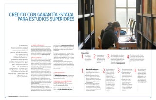 Becas y créditos 2012 / EDUCACIÓN SUPERIOR




      CRéDItO CON GARANtÍA EStAtAl
         PARA EStUDIOS SUPERIORES




                     Si necesitas                       ¿A QUIéN EStá DIRIGIDO?
                                                        A estudiantes que cumplan los requisitos
                                                                                                       de referencia en www.becasycreditos.cl).
                                                                                                       El crédito no cubre la matrícula y tampoco
          financiamiento estatal                        académicos establecidos por ley y que          la diferencia entre el 100% del Arancel de
                                                        necesiten apoyo financiero para iniciar o      Referencia y el valor real de la carrera, si
             para cursar, desde el                      continuar una carrera en alguna de las ins-    la hubiera.
                                                        tituciones de educación superior que par-
         primer año de estudios,                        ticipan del Sistema de Crédito con Garan-      El crédito se expresa en UF, incluye un se-    requisitos

                                                                                                                                                      1                    2                             3                                      4
                una carrera en la                       tía Estatal (nómina en www.ingresa.cl).        guro de desgravamen e invalidez y su tasa          Ser chileno              Condiciones so-              Matricularse en una carrera             No haber egresado de una
                                                                                                       de interés en 2012 será del 2% anual.              o extranjero                                                                                  carrera de nivel universitario
                                                                                                                                                                                   cioeconómicas                de pregrado en una institu-
              Educación Superior,                       ¿EN QUé CONSIStE?                              Tiene tres plazos de pago: 10, 15 y 20 años,       con residen-             del grupo familiar           ción de educación superior              financiada con el Fondo Soli-
                                                        Es un crédito financiero destinado al pago     dependiendo del total adeudado. A menor
          puedes acceder a este                         completo o parcial del arancel anual de        monto, menor plazo.
                                                                                                                                                          cia definitiva           que justifiquen el           autónoma, acreditada y que              dario de Crédito Universitario
                                                                                                                                                          en el país.              otorgamiento del             participe del Sistema de                y/o con este mismo crédito.
       crédito. Ten presente que                        una carrera de pregrado. Cuenta con dos        No hay obligación de pago mientras se
                                                                                                       estudia y hasta un año y medio después
                                                                                                                                                                                   beneficio.                   Créditos con Garantía Estatal
                                                        avales o garantes: la institución de educa-                                                                                                             (nómina en www.ingresa.cl)
           para esta postulación                        ción superior en la que estudia el alumno,     de egresar. Además, puede suspenderse el
                                                        y el Estado; por lo tanto, las instituciones   pago hasta por un año en caso de cesantía
            2012 y de acuerdo al                        financieras no pueden exigir otros avales      o si la cuota supera la mitad de los ingre-



                                                                                                                                                      1                                         2                            3                                   4
                                                                                                       sos del deudor.
      compromiso asumido por                            (por ejemplo, familiares).
                                                        Comisión Ingresa, la institución pública                                                            Mérito académico                            No es exigible la             Para alumnos(as) que                Las instituciones
                                                                                                                                                                                                                                                                          de educación
          el Gobierno, la tasa de                       que administra este sistema de financia-                                                            Las exigencias mínimas son:                 PSU a los alum-
                                                                                                                                                                                                        nos no videntes
                                                                                                                                                                                                                                      ya cursan una carrera:
                                                                                                                                                                                                                                      Haber aprobado el                   superior pueden
                                                        miento estudiantil, asigna el beneficio en     ¿CÓMO SE POStUlA?                                    Para alumnos que ingresan a                                             l	
     interés del Crédito será de                        estricto orden socioeconómico, partiendo       Sólo por internet.                                   primer año:                                 y tampoco a los               70% del total de                    establecer requi-
                                                                                                       En www.becasycreditos.cl, completando                Puntaje promedio PSU (Len-                  estudiantes que               créditos o cursos ins-              sitos académicos
                                                        por aquellos postulantes con mayores ne-
                   UF + 2% anual.                       cesidades de financiamiento.                   y enviando el Formulario de Acreditación
                                                                                                                                                           l	
                                                                                                                                                            guaje y Matemáticas) de 475                 cursaron a lo                 critos en los últimos               adicionales a los
                                                                                                                                                            puntos en alguna de las tres                menos los últimos             dos semestres.                      exigidos por ley
                                                        Una vez asignado, el financiamiento se         Socioeconómica (FUAS).
                                                                                                                                                            últimas PSU (2011, 2010, 2009),             dos años de ense-             Contar con el res-                  (ver Instituciones
                                                        extiende por toda la duración de los estu-                                                                                                                                  l	

                                                                                                                                                            para financiar una carrera en               ñanza secundaria              paldo de la institu-                Participantes en
                                                        dios, sin necesidad de postular cada año, y    PERÍODOS DE POStUlACIÓN PARA
                                                                                                                                                            universidades.                              en el extranjero.             ción de educación                   www.ingresa.cl).
                                                        puede complementarse con otros benefi-         El AñO ACADéMICO 2012
                                                        cios estudiantiles.                                                                                l	Promedio de notas de ense-
                                                                                                                                                                                                        En ambos casos,               superior (la que
                                                                                                       Alumnos(as) que ya cursan una carrera:
                                                        El alumno puede pedir el monto que re-                                                              ñanza media (NEM) de 5,3 o                  se deberá acredi-             informará a Comisión
                                                                                                       3 al 17 de octubre de 2011.
                                                        quiera y modificar ese valor cada año,                                                              puntaje promedio PSU de 475                 tar un promedio               Ingresa si acepta ma-
                                                        considerando un mínimo de $ 200.000 y un                                                            para financiar carreras en Insti-           mínimo de 5,3                 tricular al estudiante
                                                                                                       Alumnos(as) que ingresan a primer año en
                                                        máximo, equivalente al 100% del Arancel                                                             tutos Profesionales y Centros de            en la educación               con derecho a este
                                                                                                       2012: 2 al 21 de noviembre de 2011.                                                              media.
                                                        de Referencia de la carrera (ver aranceles                                                          Formación Técnica.                                                        crédito).




     www.becasycreditos.cl / CAll CENtER 600 600 2626
16                                                                                                                                                                                                                                                                                             17
 