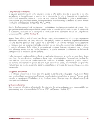 Guía Pedagógica para la Convivencia Escolar 15 
Competencias ciudadanas. 
La apuesta pedagógica del sector educativo desde el año 2003, dirigida a responder a los retos 
que plantea la formación para el ejercicio de la ciudadanía, ha sido el desarrollo de competencias 
ciudadanas, entendidas como el conjunto de conocimientos, habilidades cognitivas, emocionales y 
comunicativas que, articuladas entre sí, hacen posible que las ciudadanas y ciudadanos actúen de manera 
constructiva en la sociedad democrática (MEN, 2003). 
Para facilitar la comprensión de las competencias ciudadanas, se diseñaron un conjunto de grupos y tipos 
que permiten entender la complejidad de procesos que se articulan en la formación para el ejercicio de 
la ciudadanía, los cuales son la base para la construcción de los Estándares Básicos de Competencias 
Ciudadanas (MEN, 2003) (Gráfico 1). 
A pesar de esta división, en la vida cotidiana, los grupos y tipos de competencias ciudadanas no se presentan 
de manera aislada sino de forma articulada. Por ejemplo, cuando un estudiante se pelea verbalmente 
con una docente, para que esta situación no se convierta en un conflicto manejado inadecuadamente 
es necesario que las personas implicadas vivencien en ese momento competencias ciudadanas como 
la empatía, el manejo de la rabia y la generación de opciones. Además, este evento, que a primera 
vista solamente tendría que ver con la convivencia, se puede relacionar posiblemente con la falta de 
participación o la valoración de otra persona. 
En los escenarios escolares el desarrollo de competencias ciudadanas se puede promover tanto dentro 
como fuera del aula de clase y en el desarrollo de proyectos institucionales. Dentro del aula de clase, las 
competencias ciudadanas se pueden desarrollar diseñando actividades específicas para su práctica, 
por ejemplo, el desarrollo de juegos de roles. Fuera del aula de clases, en articulación con proyectos 
institucionales, se pueden desarrollar acciones específicas en el marco de los proyectos pedagógicos 
transversales. 
m Lugar de articulación. 
Si le interesa conocer más a fondo este tema puede revisar la guía pedagógica “¿Qué puedo hacer 
para fortalecer la convivencia escolar?”, donde encontrará ejemplos prácticos al respecto. Además puede 
consultar el espacio virtual Ciudadanía Activa donde encuentra diferentes materiales sobre el desarollo de 
competencias ciudadanas. 
q Recomendaciones. 
Para aprovechar al máximo el contenido de esta serie de guías pedagógicas es recomendable leer 
previamente y tener a la mano la Ley 1620 de 2013 y el Decreto 1965 de 2013. 
 