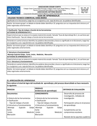 ASOCIACION CESAR CONTO
Colegio Cesar Conto Sede Principal, Colegio Cesar Conto Sede Petecuy, Colegio
Técnico Comercial Dana María y Liceo Santa Clara.
ASOCIACION ANTONIO MACEO
Corporación Educativa Antonio Maceo y Centro Etnoeducativo Antonio Maceo.
GA – FR – 45
Versión 002
2013-04-01
Pág. 1 de 1
GUIA DE APRENDIZAJE
COLEGIO TECNICO COMERCIAL DANA MARIA
significado en el diccionario, luego haz un crucigrama y una sopa de letra con las palabras identificadas
Realice de manera grupal un debate en donde debes identificar 10 preguntas con sus respuestas de la lectura y el
video registrados anteriormente.
• Clasificación Tipo de trabajo o función de las herramientas
ACTIVIDAD DE APRENDIZAJE Nº 2
Copia la lectura que se anexa en la carpeta material de estudio llamada "Guia de Aprendizaje No 1, la cual tiene por
título Clasificación Tipo de trabajo o función de las herramientas
Teniendo en cuenta la lectura Identifica las palabras desconocidas y busca su significado en el diccionario, luego haz
un crucigrama y una sopa de letra con las palabras identificadas
Realice de manera grupal un debate en donde debes identificar 10 preguntas con sus respuestas de la lectura y el
video registrados anteriormente.
• Estructura y Funcionamiento
Montaje Sujeción Golpe, Corte, Unión, Medición, Marcación
ACTIVIDAD DE APRENDIZAJE Nº 3
Copia la lectura que se anexa en la carpeta material de estudio llamada "Guia de Aprendizaje No 1, la cual tiene por
título Estructura y Funcionamiento
Teniendo en cuenta la lectura, Identifica las palabras desconocidas y busca su significado en el diccionario, luego haz
un crucigrama y una sopa de letra con las palabras identificadas
Realice de manera grupal un debate en donde debes identificar 10 preguntas con sus respuestas de la lectura y el
video registrados anteriormente.
25. APRECIACIÓN DEL APRENDIZAJE
Para valorar el nivel de logro del resultado de aprendizaje y del proceso desarrollado se hace necesario
lo siguiente:
PROCESA
PRODUCE
(Evidencias de aprendizaje)
CRITERIOS DE EVALUACIÓN
Documentos:
• Historia de las herramientas
• Clasificación
- Tipo de trabajo o función
• Estructura y Funcionamiento
Montaje Sujeción Golpe
Corte
Unión Medición
Marcación
CONOCIMIENTO:
• Historia de las herramientas
• Clasificación
- Tipo de trabajo o función
• Estructura y Funcionamiento
Montaje Sujeción Golpe
Corte
Unión Medición
Marcación
Desarrollo de procesos de
investigación, métodos de
investigación
Participación activa en el proceso
de aprendizaje
Cumplimiento con los
compromisos escolares
Revisión de los apuntes cuaderno
 