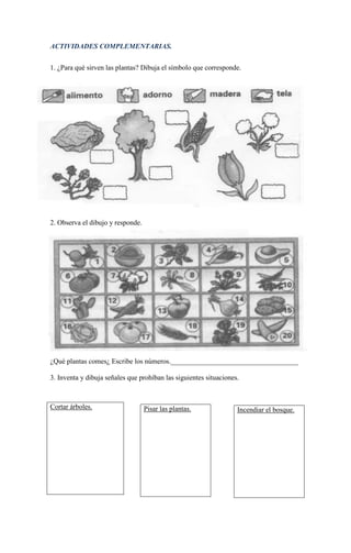 ACTIVIDADES COMPLEMENTARIAS.


1. ¿Para qué sirven las plantas? Dibuja el símbolo que corresponde.




2. Observa el dibuj...