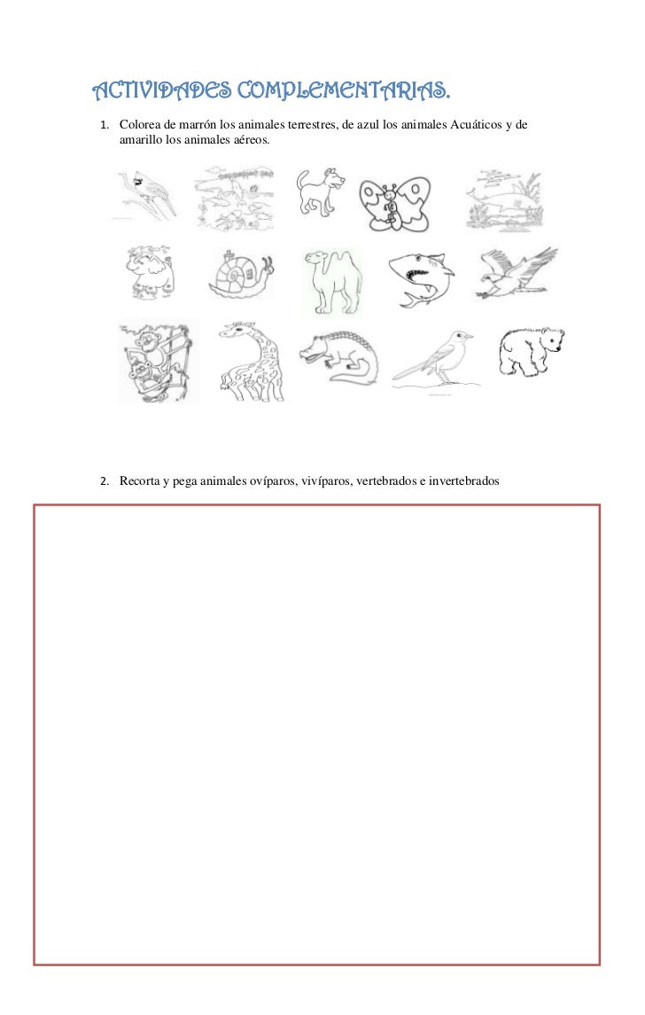 ACTIVIDADES COMPLEMENTARIAS.1. Colorea de marrón los animales terrestres, de azul los animales Acuáticos y de   amarillo l...