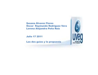 Susana Álvarez Flores
Óscar Raymundo Rodríguez Vera
Lorena Alejandra Peña Ruiz


Julio 17 2011

Las dos guías y la propuesta
 