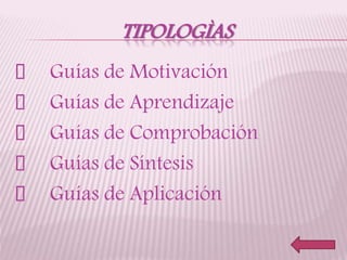 TIPOLOGÌAS
Guías de Motivación
Guías de Aprendizaje
Guías de Comprobación
Guías de Síntesis
Guías de Aplicación
 