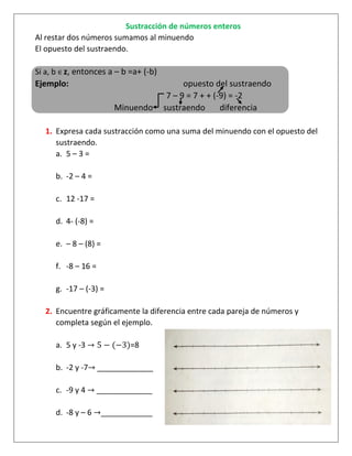 Sustracción de números enteros
Al restar dos números sumamos al minuendo
El opuesto del sustraendo.
Si a, b ∈ z, entonces a – b =a+ (-b)
Ejemplo: opuesto del sustraendo
7 – 9 = 7 + + (-9) = -2
Minuendo sustraendo diferencia
1. Expresa cada sustracción como una suma del minuendo con el opuesto del
sustraendo.
a. 5 – 3 =
b. -2 – 4 =
c. 12 -17 =
d. 4- (-8) =
e. – 8 – (8) =
f. -8 – 16 =
g. -17 – (-3) =
2. Encuentre gráficamente la diferencia entre cada pareja de números y
completa según el ejemplo.
a. 5 y -3 → 5 − (−3)=8
b. -2 y -7→ _____________
c. -9 y 4 → _____________
d. -8 y – 6 →____________
 
