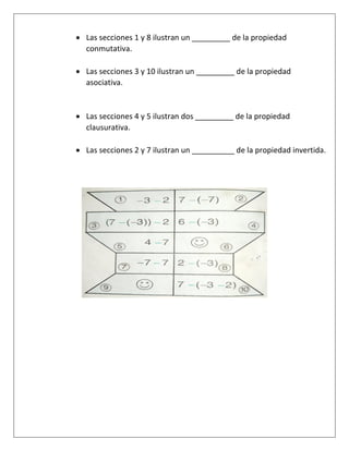  Las secciones 1 y 8 ilustran un _________ de la propiedad
conmutativa.
 Las secciones 3 y 10 ilustran un _________ de la propiedad
asociativa.
 Las secciones 4 y 5 ilustran dos _________ de la propiedad
clausurativa.
 Las secciones 2 y 7 ilustran un __________ de la propiedad invertida.
 