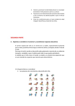  Valorar y promover la identidadcultural: es reconocer
de donde el niño proviene cuál es su cultura
 Favorecerenel niñolaformade concienciadesímismo
y de su entorno: los adultos ayudan a que el niño se
reconozca
 Crear las condiciones para un buen estado de salud
integral: Salud física y metal de los niños.
SEGUNDA PARTE
2. Aspectos a considerar al construir y acondicionar espacios educativos
El primer espacio del niño es el vientre de su madre, especialmente la placenta
que lo rodea,posibilitaal fetotengaunambiente cálidoy protegido,desde el iniciode
la vida.
Para que el recién nacido se desarrolle adecuadamente necesita de un ambiente
tranquilo, saludable y que el adulto quite todo lo que pueda perturbarlo.
A medida que el niño crece el mundo se amplía y es desde esta expansión que
se van creando los espacios que necesita para desarrollarse.
2.1) Aspecto básico a considerar
 Los procesos de crecimiento y desarrollo del niño.
 